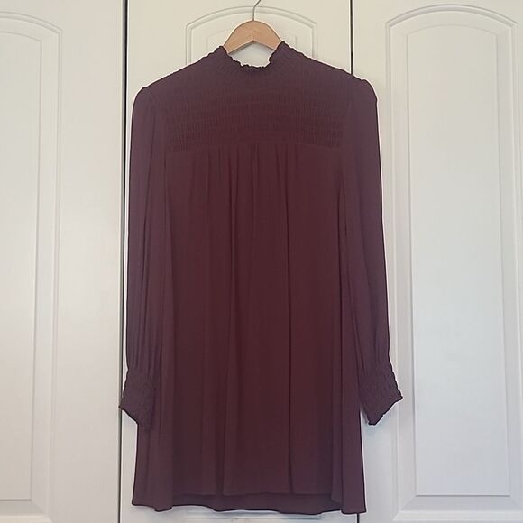 Reformation Brandi Smocked Mini Dress Relaxed Fit Chiffon Burgundy Size XL - Picture 2 of 15